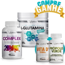 Compre L-Glutamina (300g) + Mega Multi Complex (90 Tabletes) e Ganhe Vitamina D3 (60 Cápsulas) + Própolis Verde (60 Cápsulas) - Physical Pharma