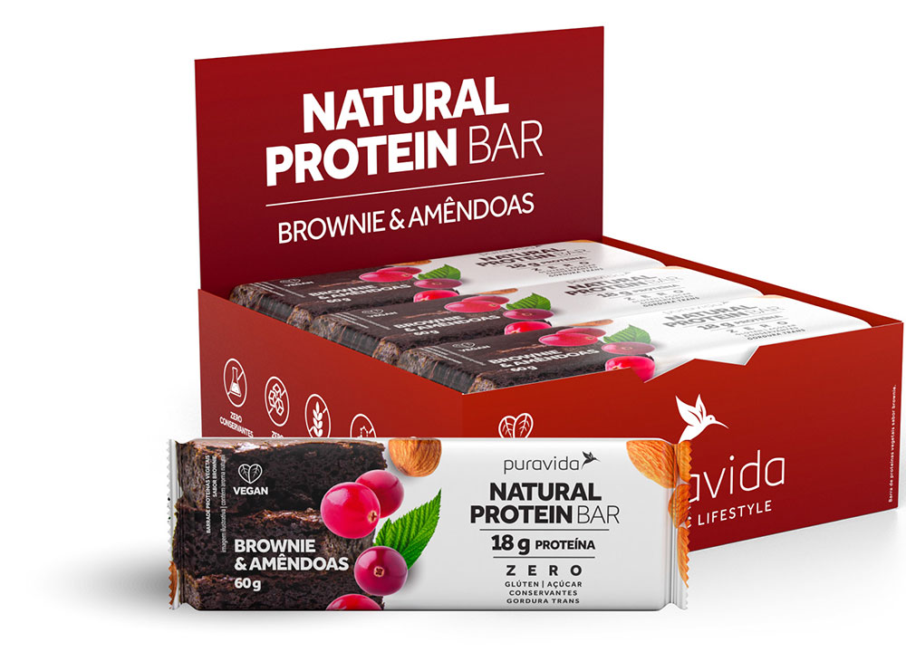 Natural Protein Bar Sabor Brownie & Amêndoas (Cx c/ 12 Unidades de 60g) - Pura Vida