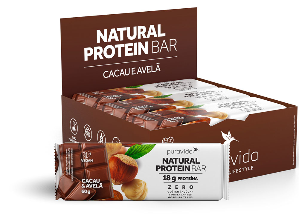 Natural Protein Bar Sabor Cacau e Avelã (Cx c/ 12 Unidades de 60g) - Pura Vida