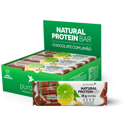 Natural Protein Bar Sabor Chocolate com Limão (Cx c/ 12 Unidades de 60g) - Pura Vida