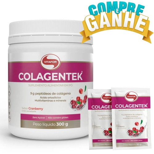 Compre Colagentek Sabor Cranberry (Colágeno Hidrolisado)  (300g) - Vitafor e Ganhe 2 Sachês