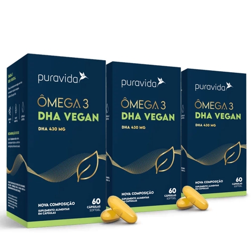 Kit 3 Unidades Vegan ômega 3 DHA (60 Cápsulas) Pura Vida Corpo