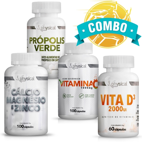 Combo Clcio Magnsio e Zinco (100 Cps) + Vitamina C 1000mg (100 Cps) + Prpolis Verde (60 Cps) + Vitamina D3 (60 Cps) - Physical Pharma