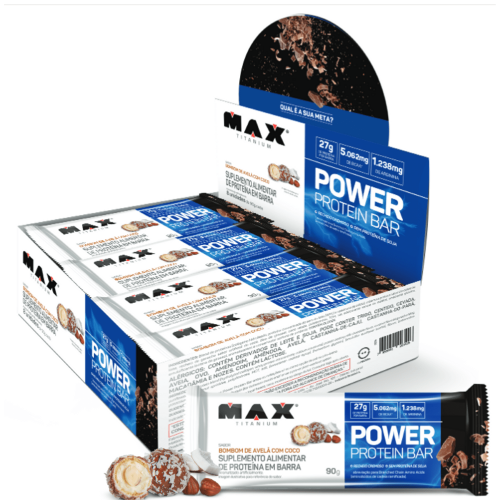 Power Protein Bar Sabor Bombom de Avelã com Coco (Caixa com 8 Unidades de 90g) - Max Titanium