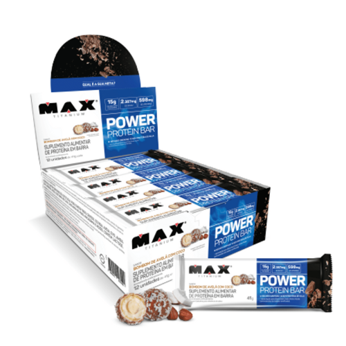 Power Protein Bar Sabor Bombom de Avelã com Coco (Caixa com 12 Unidades de 41g) - Max Titanium